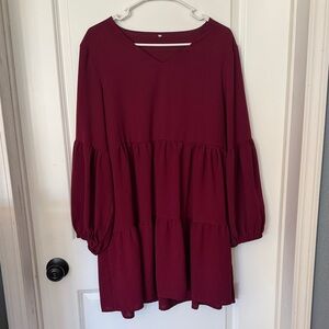 Burgundy Long Sleeve Tiered Dress